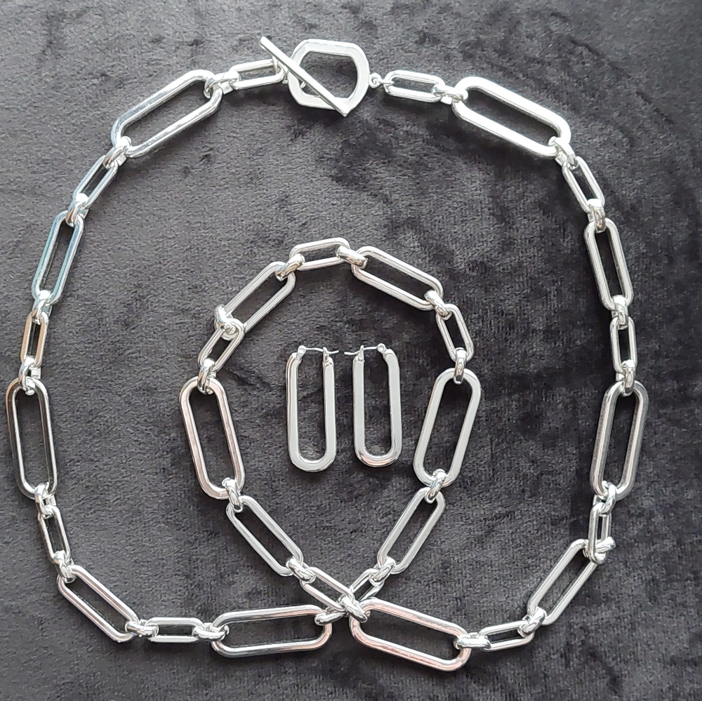 Lauren RL oblong chain link necklace silver tone and earring